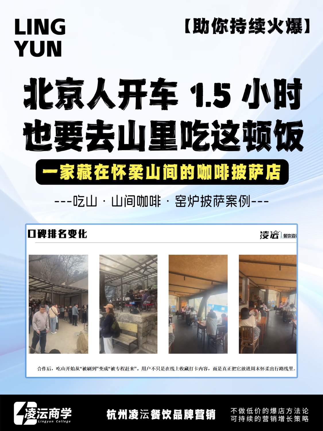 北京怀柔吃山山间咖啡窑炉披萨案例海报，展示周末出行和山间餐饮场景