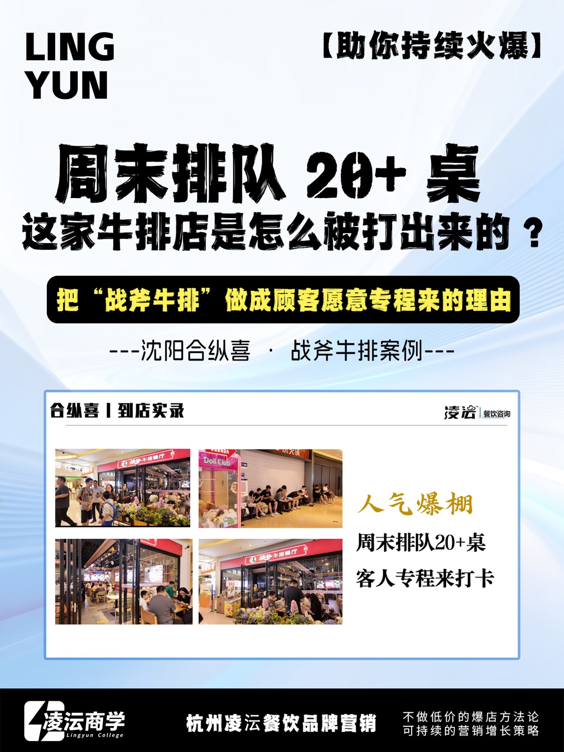 沈阳合纵喜战斧牛排案例海报，展示周末排队和牛排打卡场景